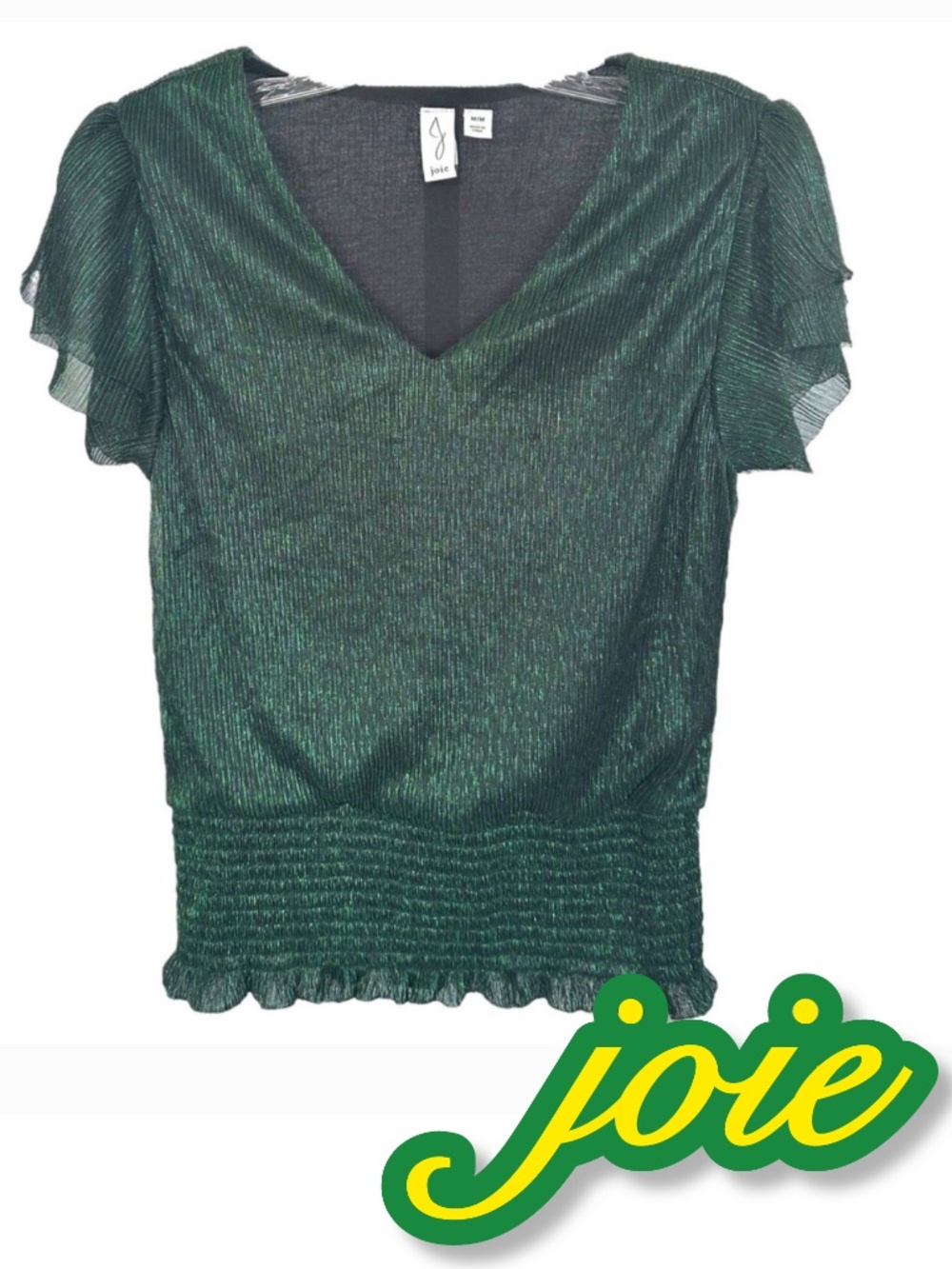 NWT JOIE WOMEN'S SHORT RUFFLE SLEEVE METALIC GREEN BLOUSE